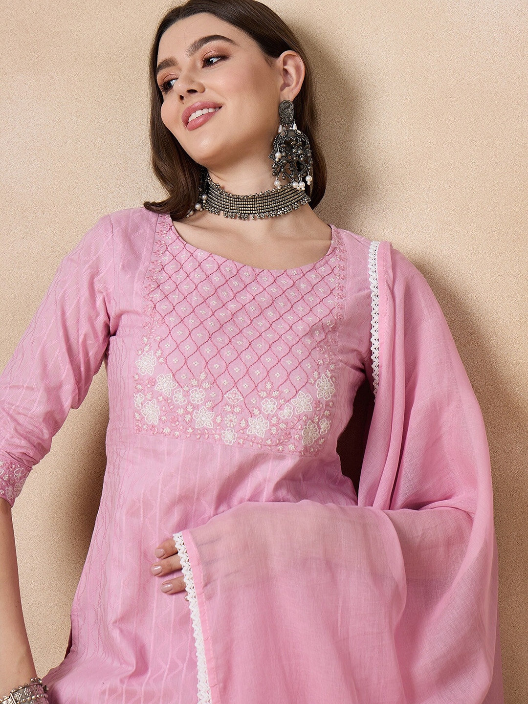 

Anouk Embroidered Panelled Thread Work Pure Cotton Straight Kurta with Trousers & Dupatta, Pink