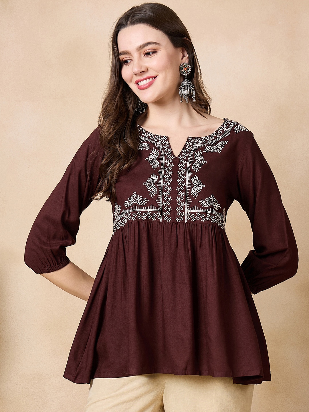 

Anouk Women Floral Embroidered Flared Sleeves Thread Work Kurta, Brown