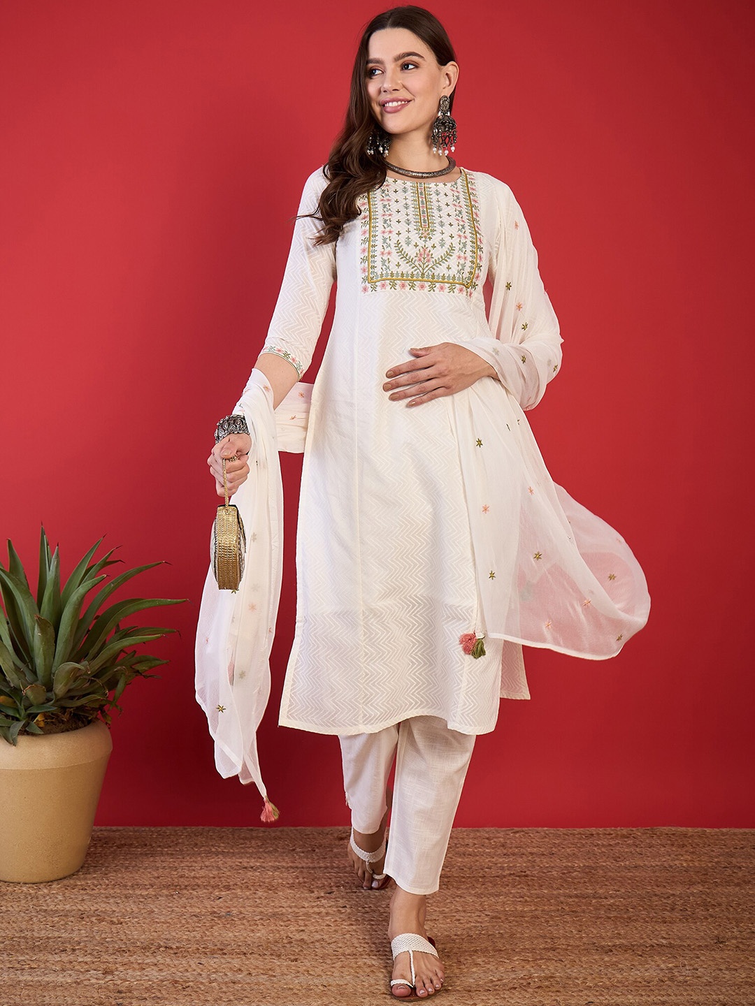 

Anouk Embroidered Round neck Pure Cotton Straight Kurta with Trousers & Dupatta, White