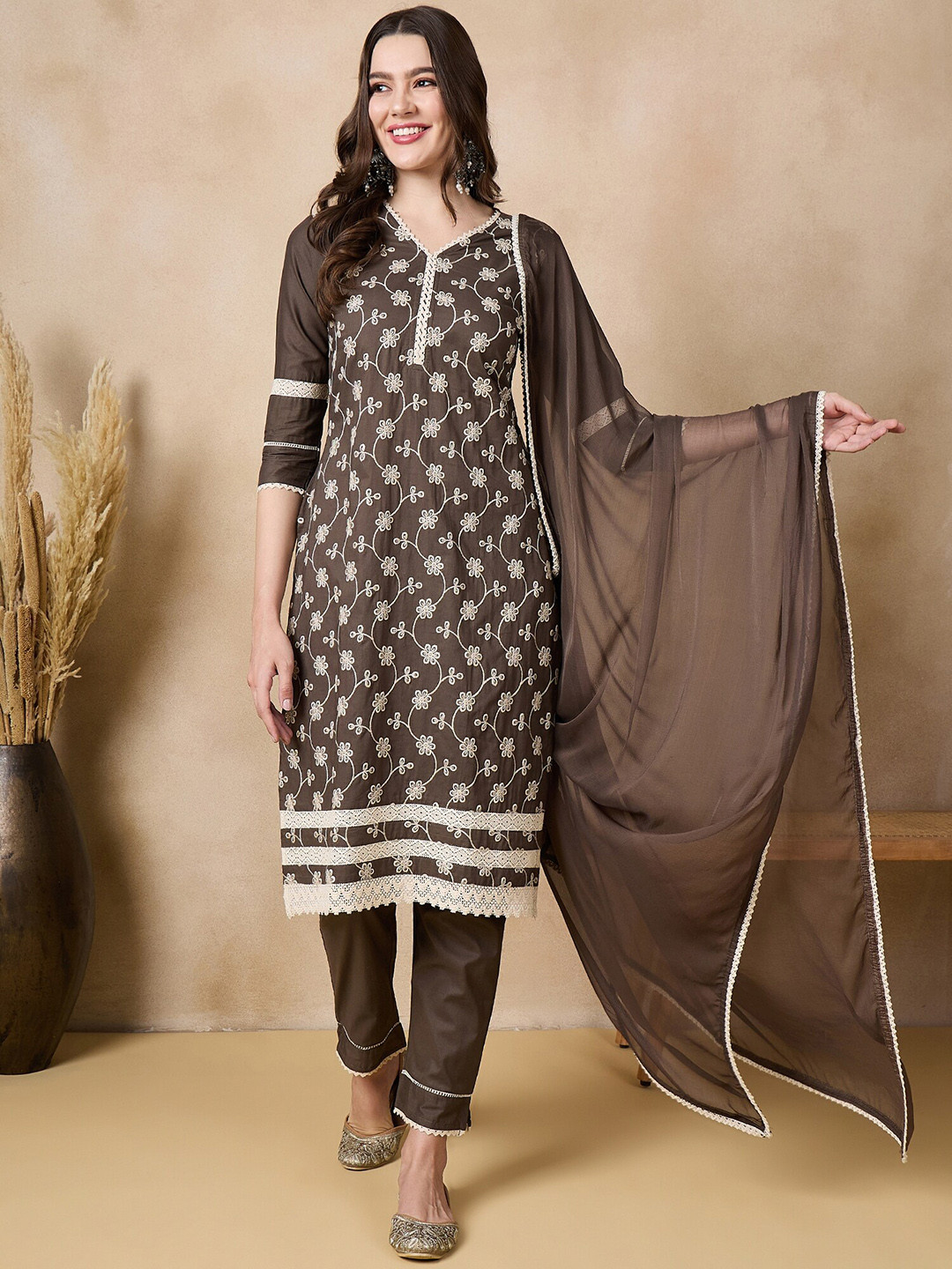 

Anouk Floral Embroidered Thread Work Straight Pure Cotton Kurta with Trousers & Dupatta, Grey