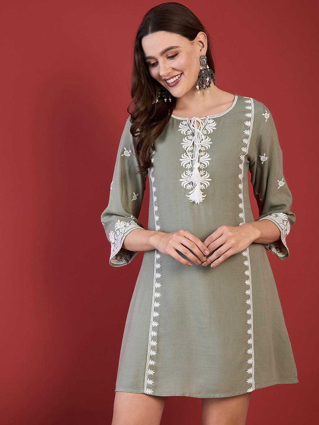 

Anouk Embroidered Tie-Up Neck A-Line Above Knee Ethnic Dress, Olive