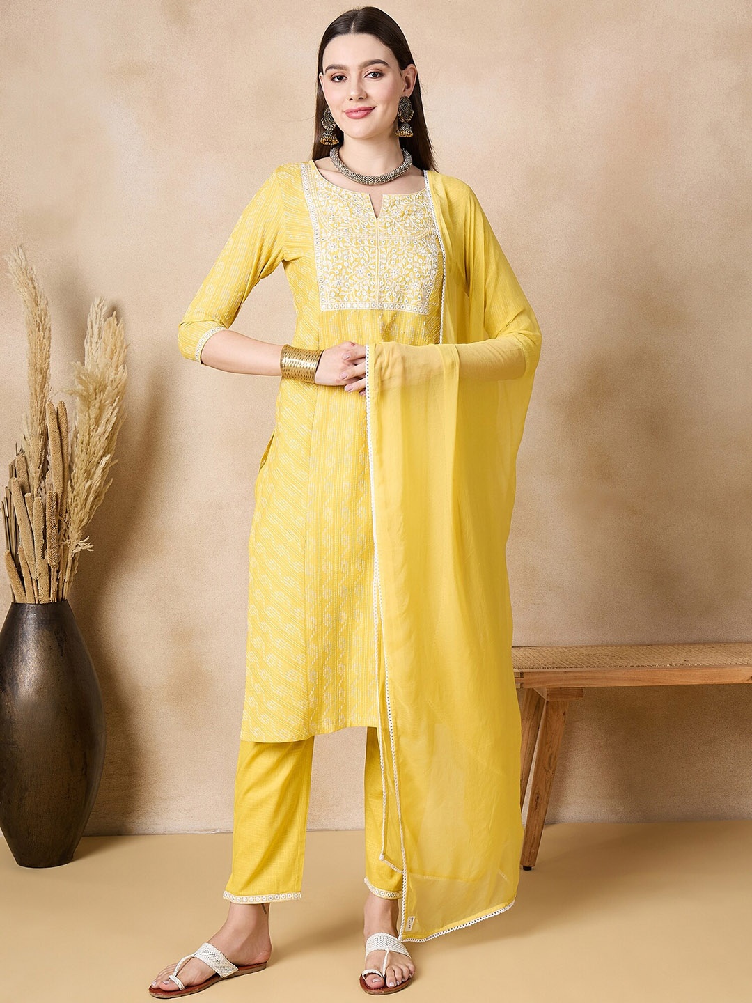 

Anouk Ethnic Motifs Thread Work Pure Cotton Regular Straight Kurta with Trousers & Dupatta, Yellow