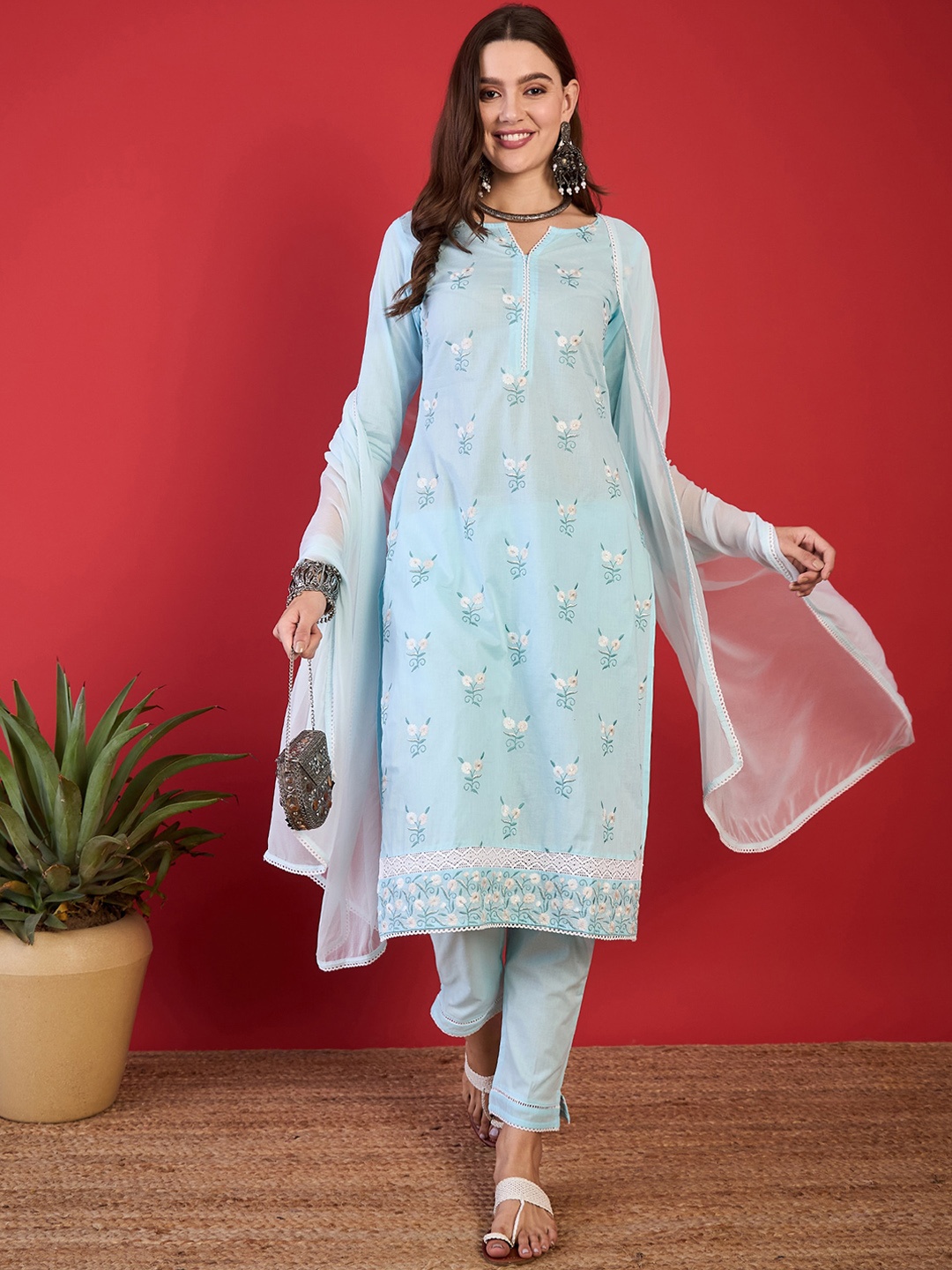 

Anouk Floral Embroidered Thread Work Pure Cotton Straight Kurta with Trousers & Dupatta, Blue