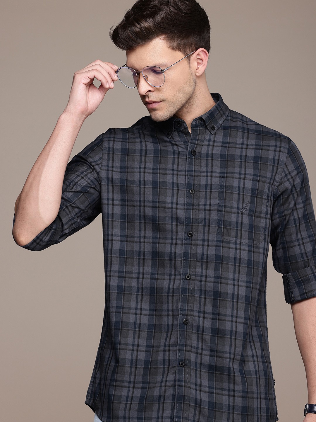 

Nautica Slim Fit Checked Pure Cotton Casual Shirt, Grey