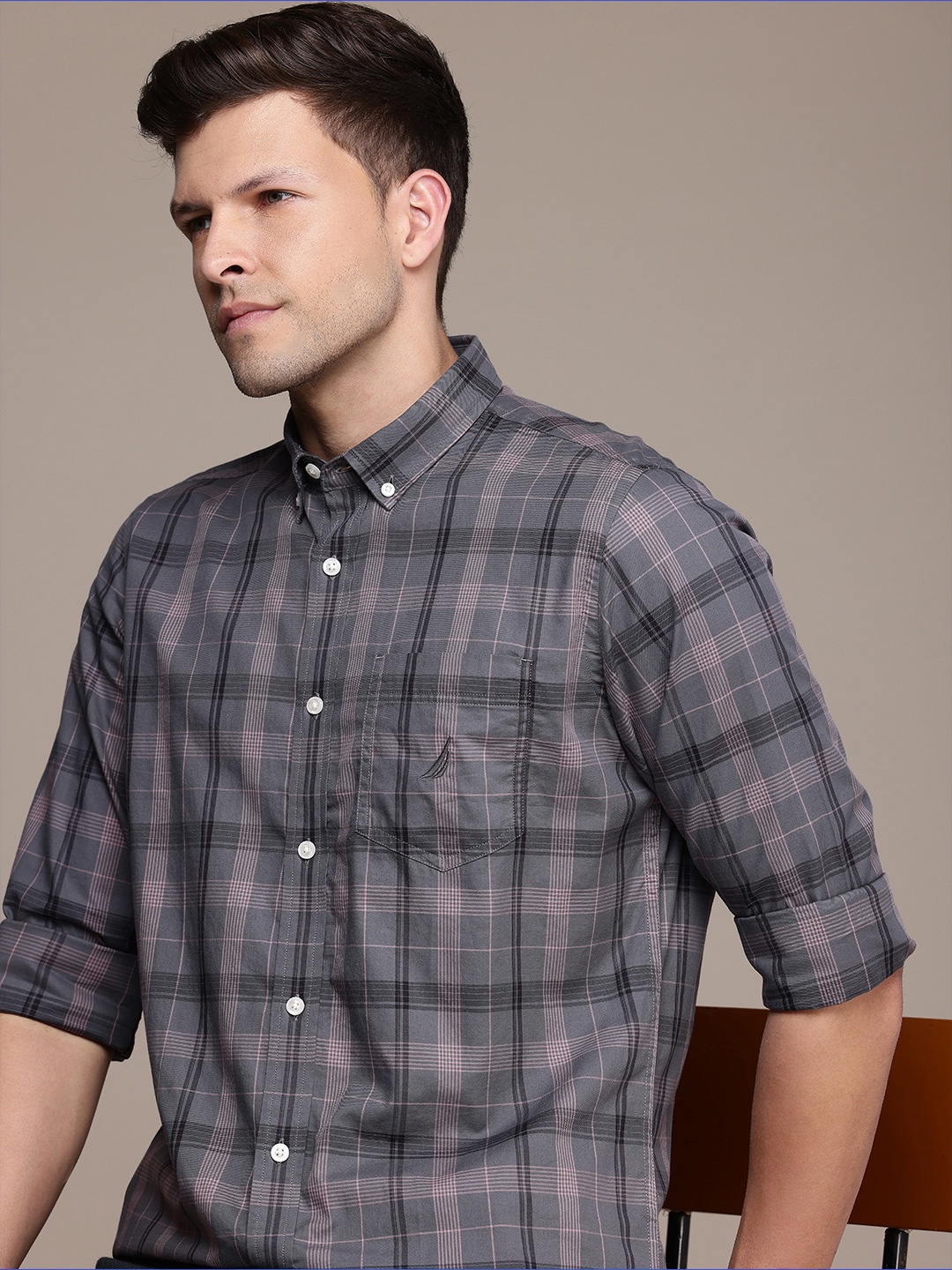 

Nautica Pure Cotton Classic Fit Checked Casual Shirt, Grey