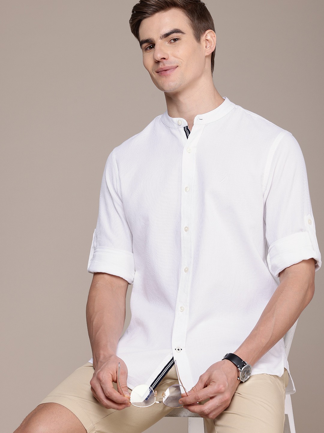 

Nautica Self Design Opaque Pure Cotton Casual Shirt, White