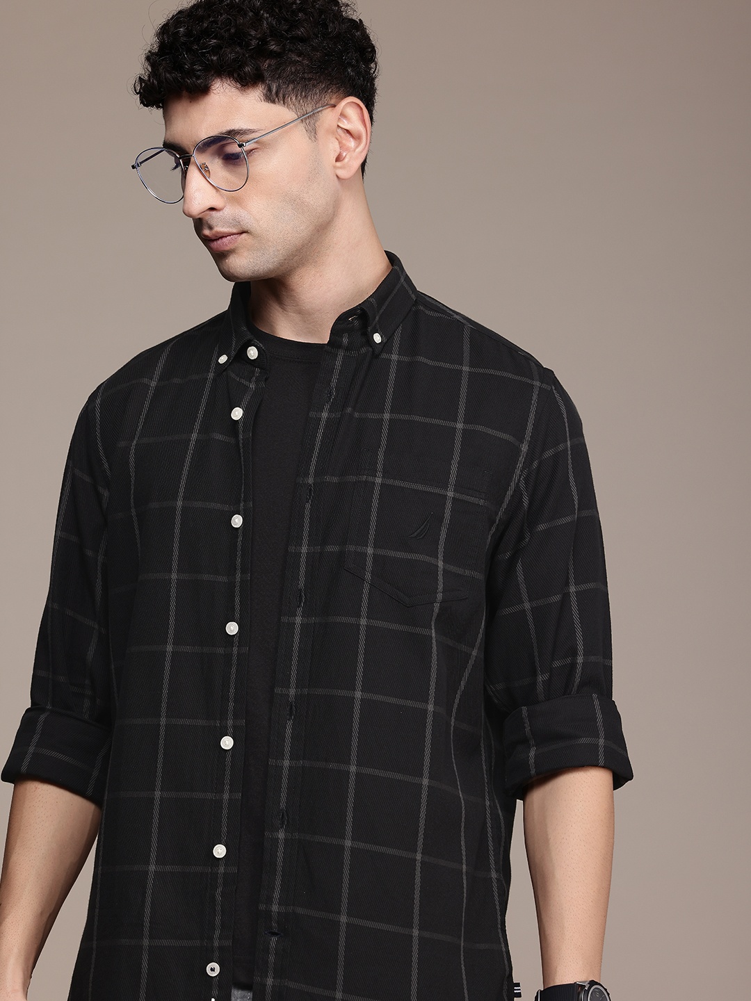 

Nautica Pure Cotton Classic Fit Windowpane Checks Opaque Casual Shirt, Black