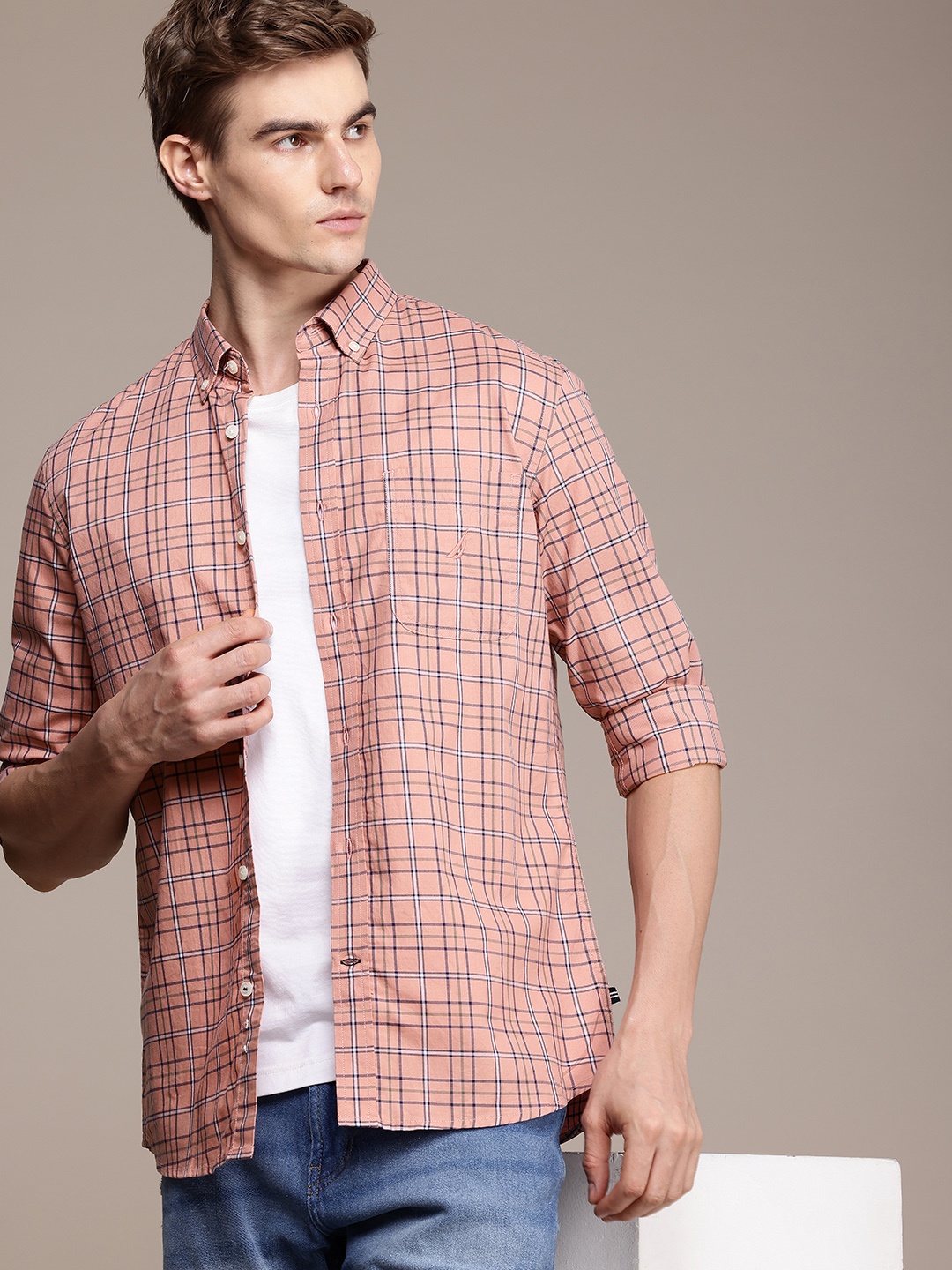

Nautica Pure Cotton Slim Fit Opaque Checked Casual Shirt, Rose