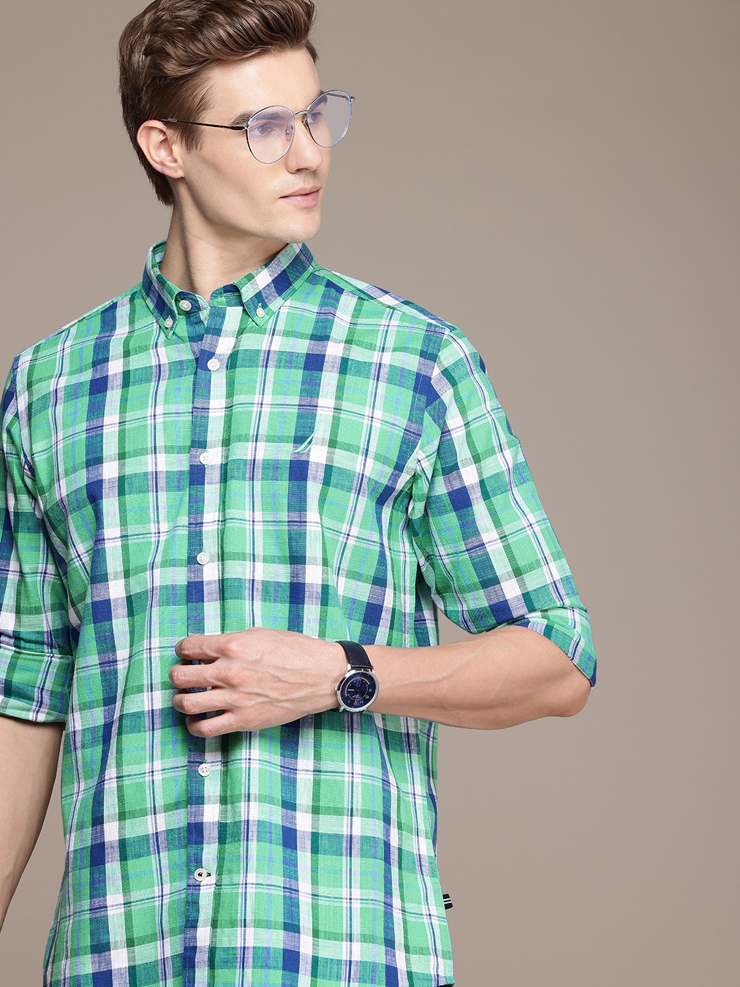 

Nautica Classic Fit Checked Pure Cotton Casual Shirt, Green