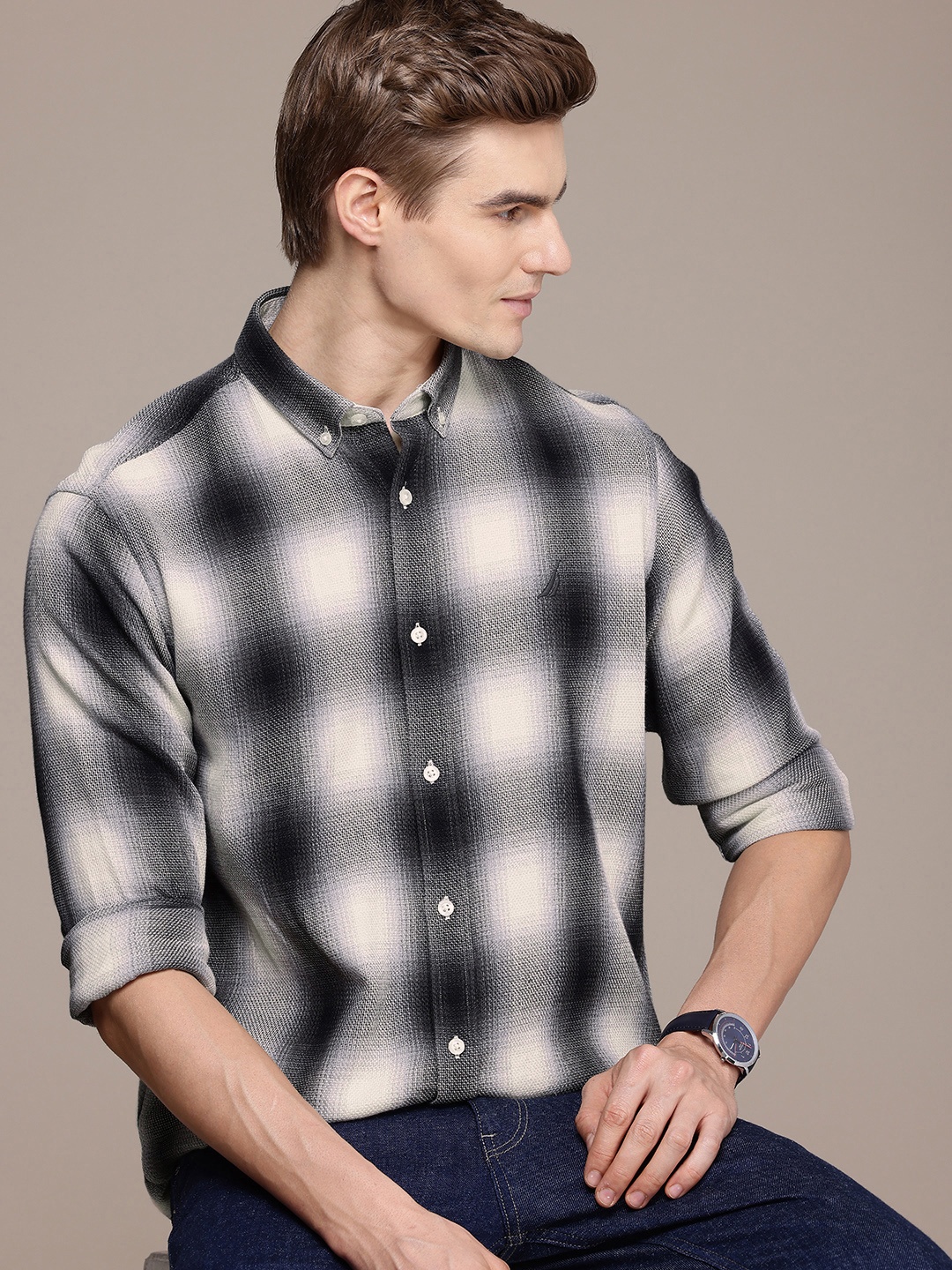 

Nautica Self Design Classic Fit Pure Cotton Casual Shirt, Black