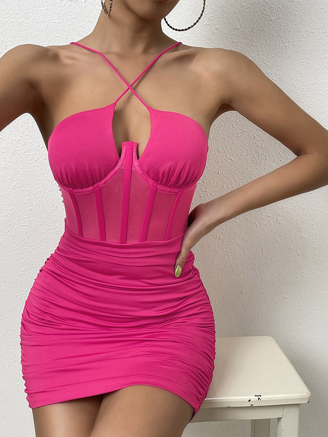

LULU & SKY Ruched Halter Neck Bodycon Mini Dress, Pink