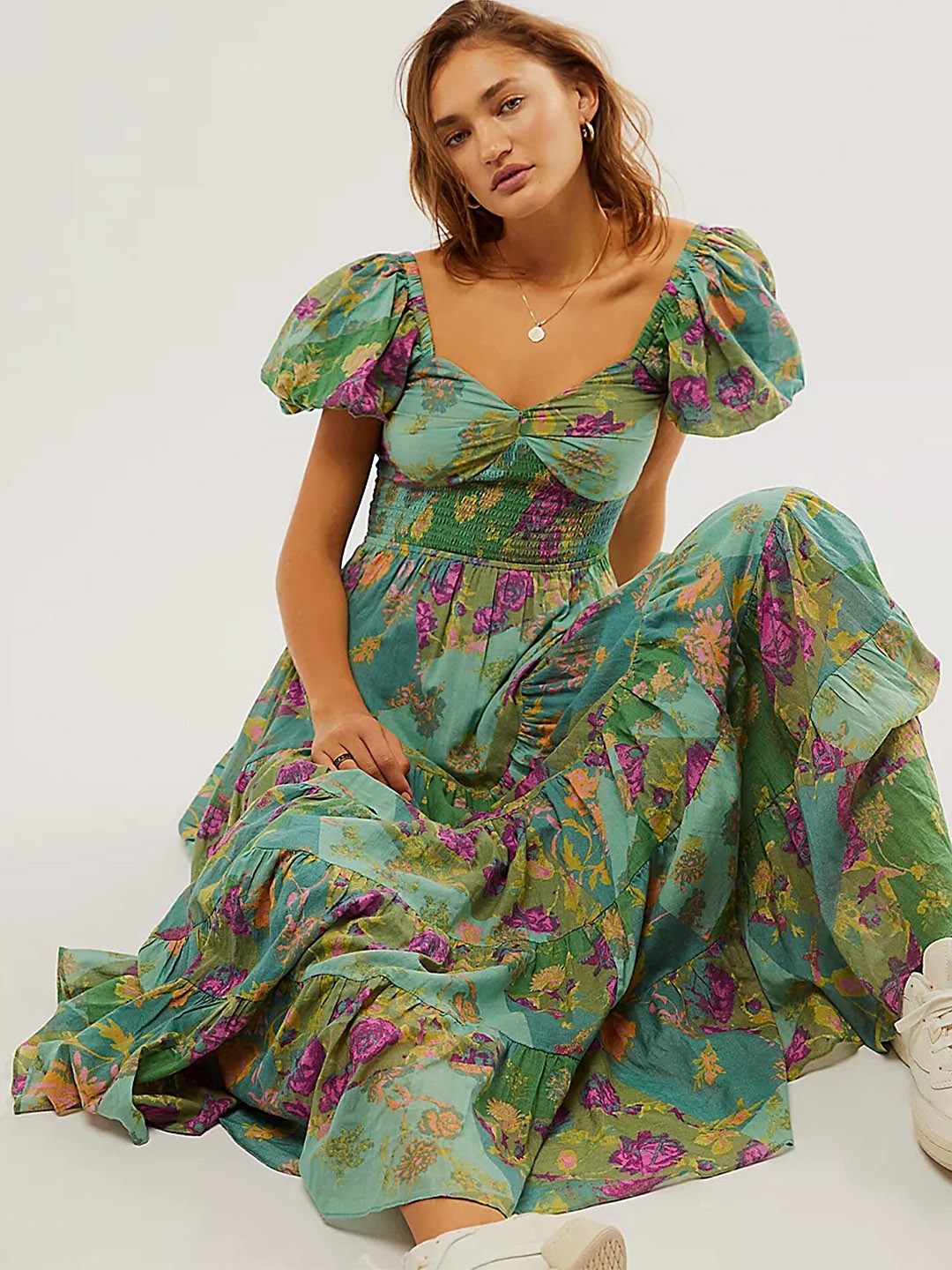 

LULU & SKY Floral Print Puff Sleeve Maxi Dress, Green