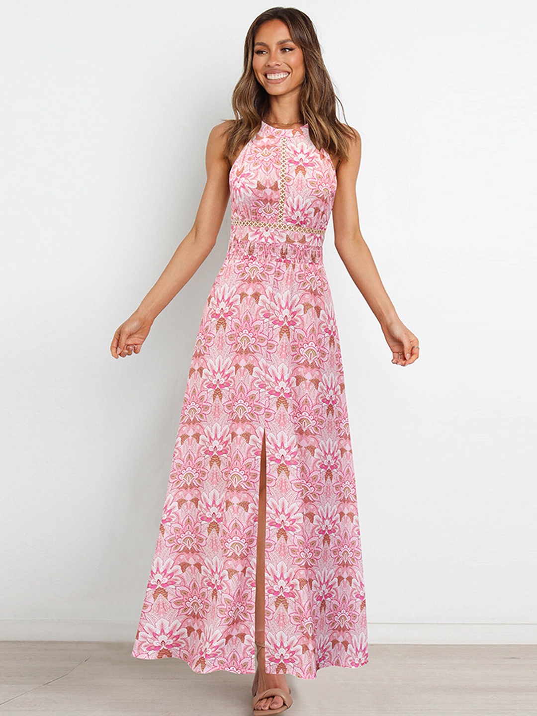 

LULU & SKY Women Halter Neck Floral Print Maxi Dress, Pink