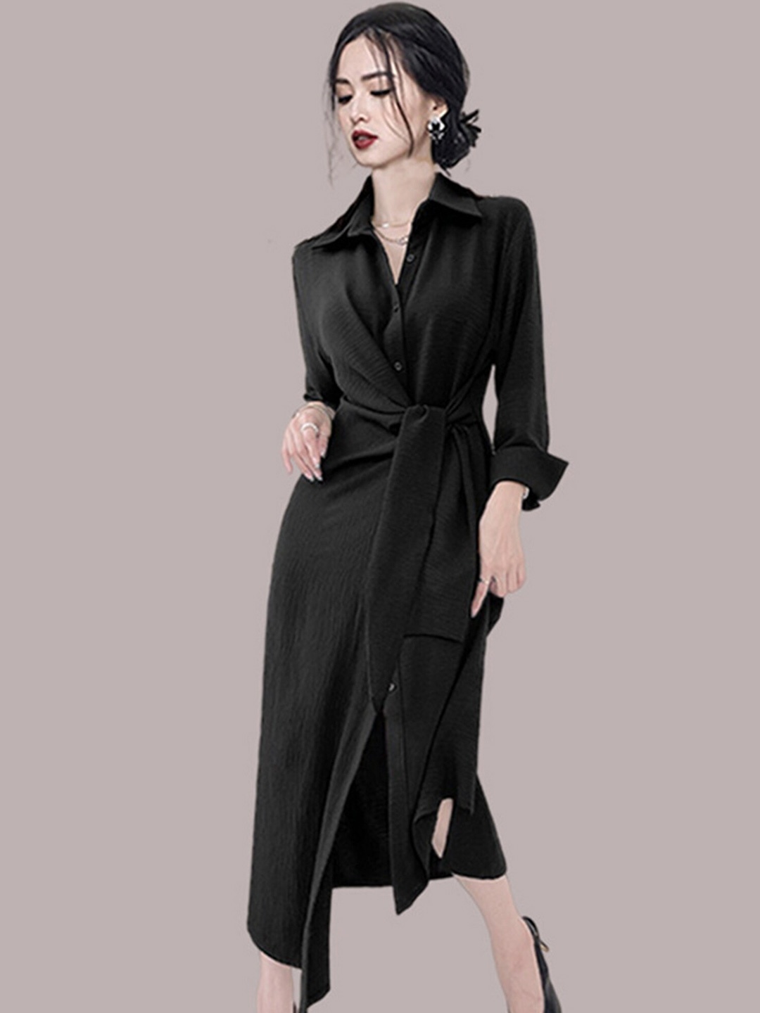 

LULU & SKY Women Shirt Collar Cuffed Sleeves Wrap Midi Dress, Black