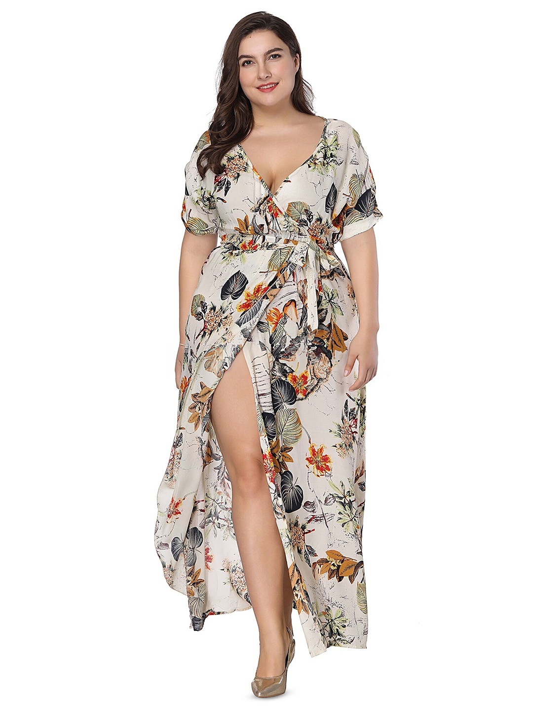 

LULU & SKY Plus Size Printed Wrap Dress, Beige