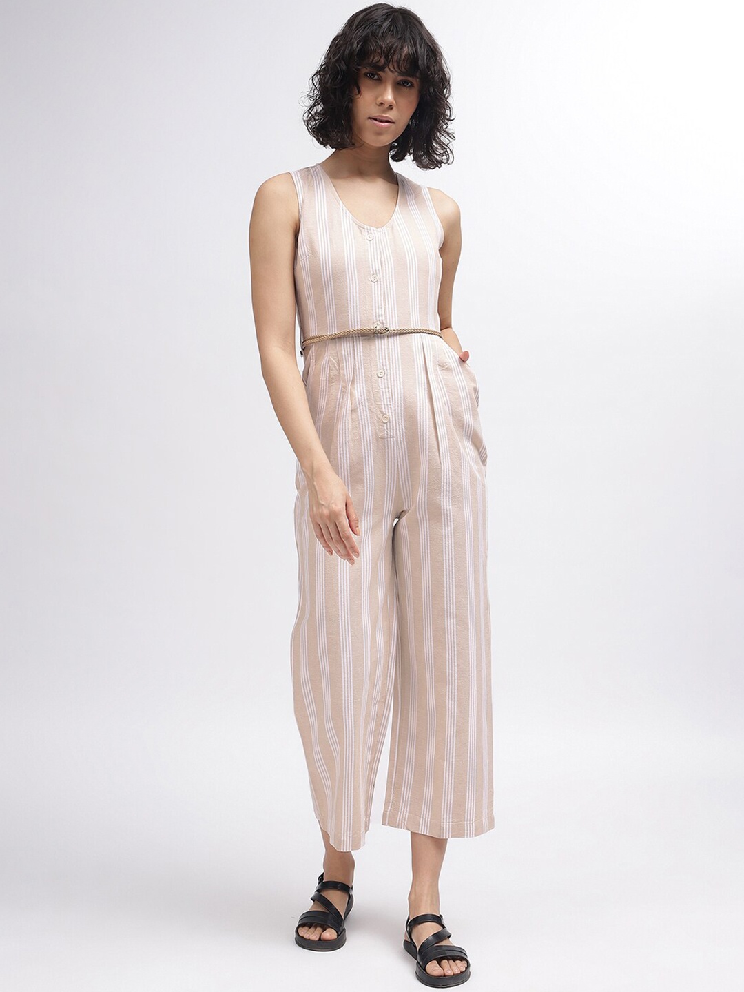 

Iconic Striped V-Neck Sleeveless Basic Jumpsuit, Beige