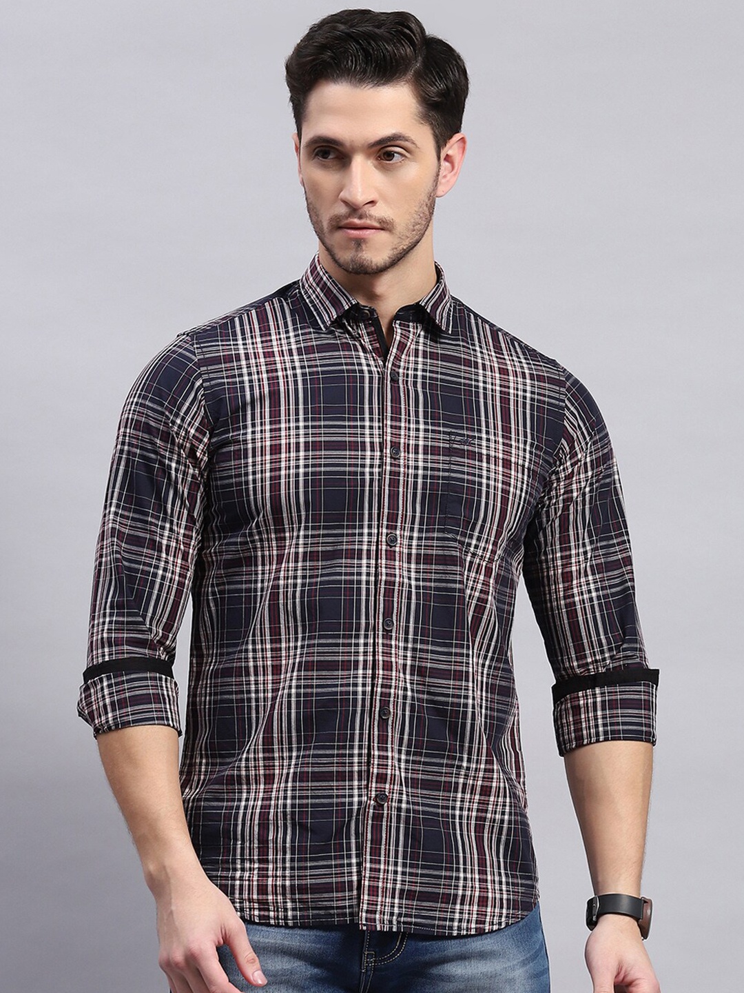 

Monte Carlo Men Tartan Checks Sheer Checked Casual Shirt, Navy blue
