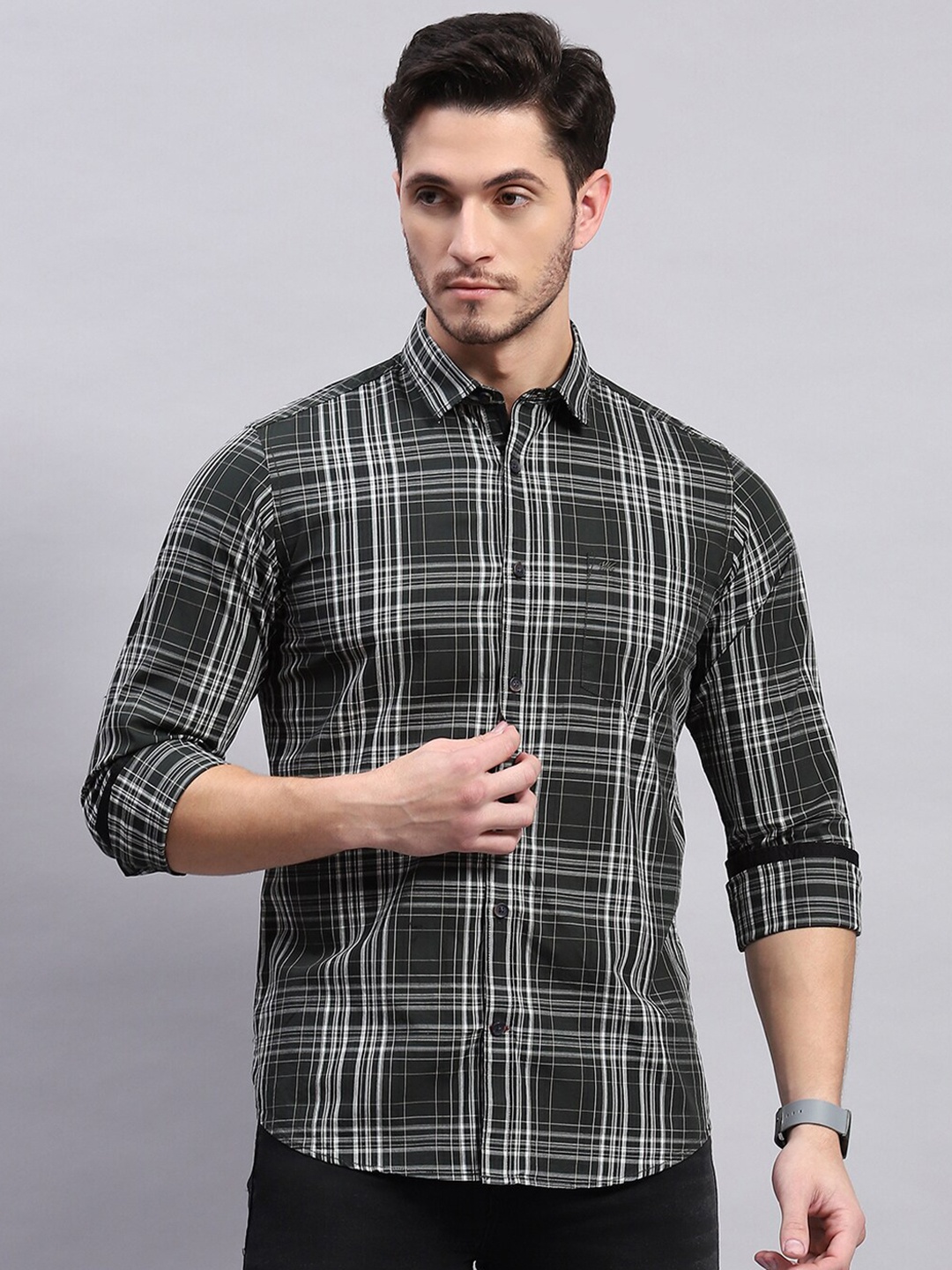 

Monte Carlo Men Tartan Checks Sheer Checked Casual Shirt, Olive