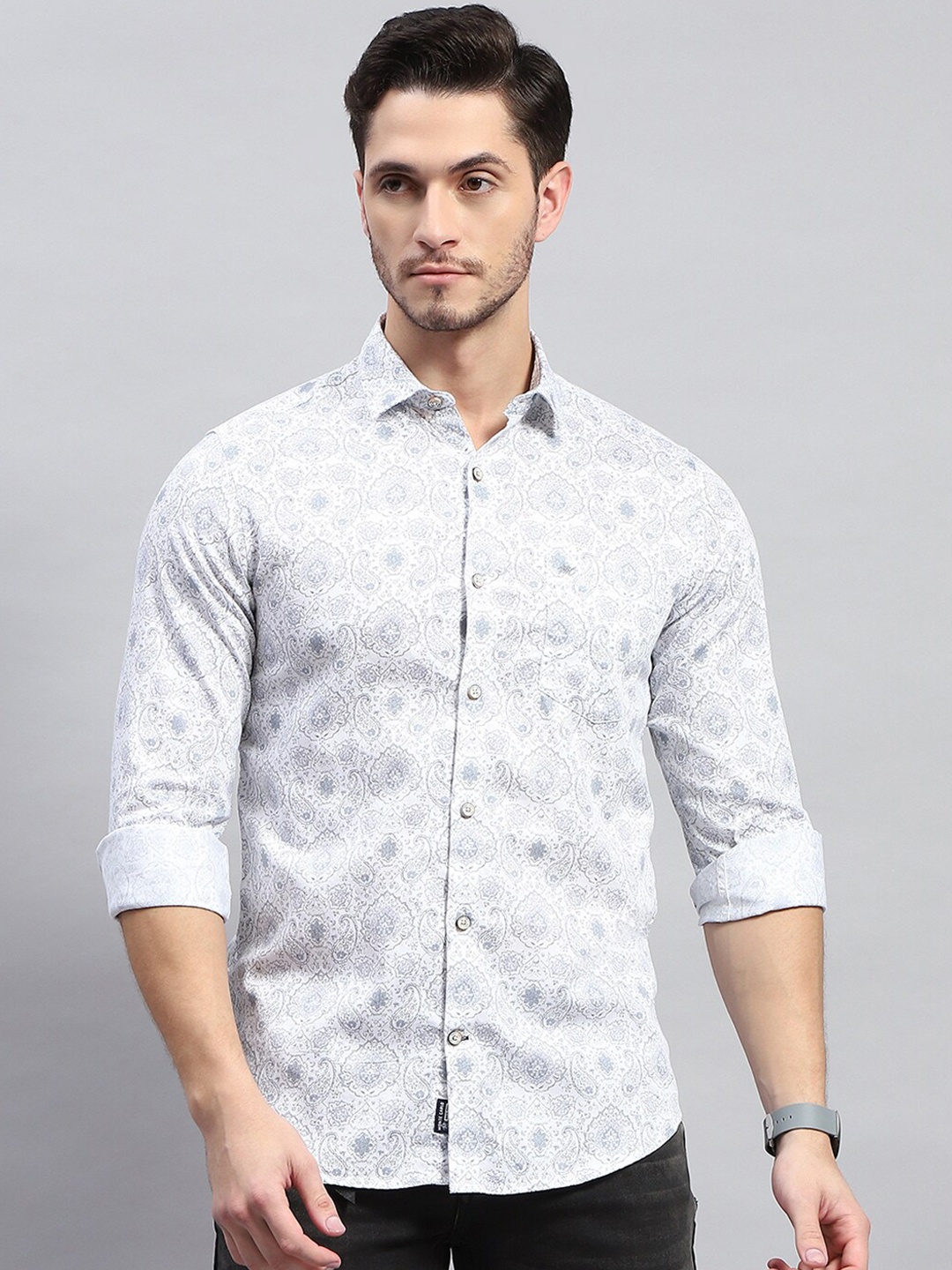 

Monte Carlo Men Floral Sheer Printed Casual Shirt, Off white