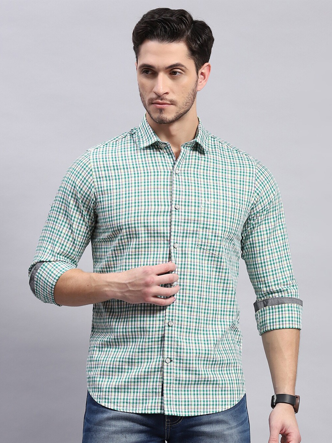 

Monte Carlo Men Sheer Checked Casual Shirt, Green