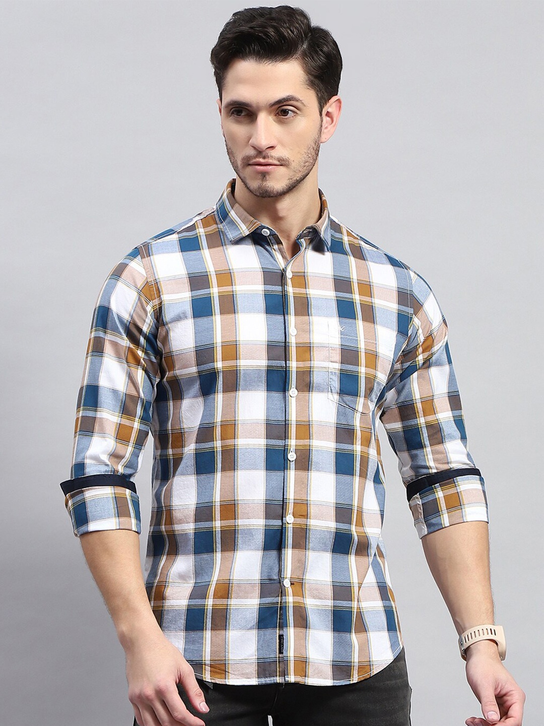 

Monte Carlo Men Tartan Checks Sheer Checked Casual Shirt, Blue