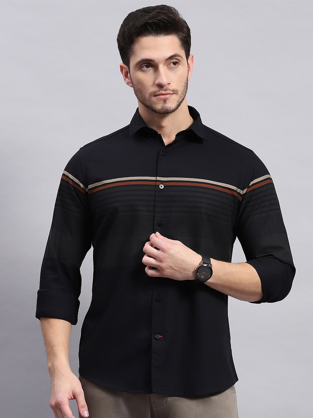 

Monte Carlo Men Horizontal Stripes Sheer Striped Casual Shirt, Black
