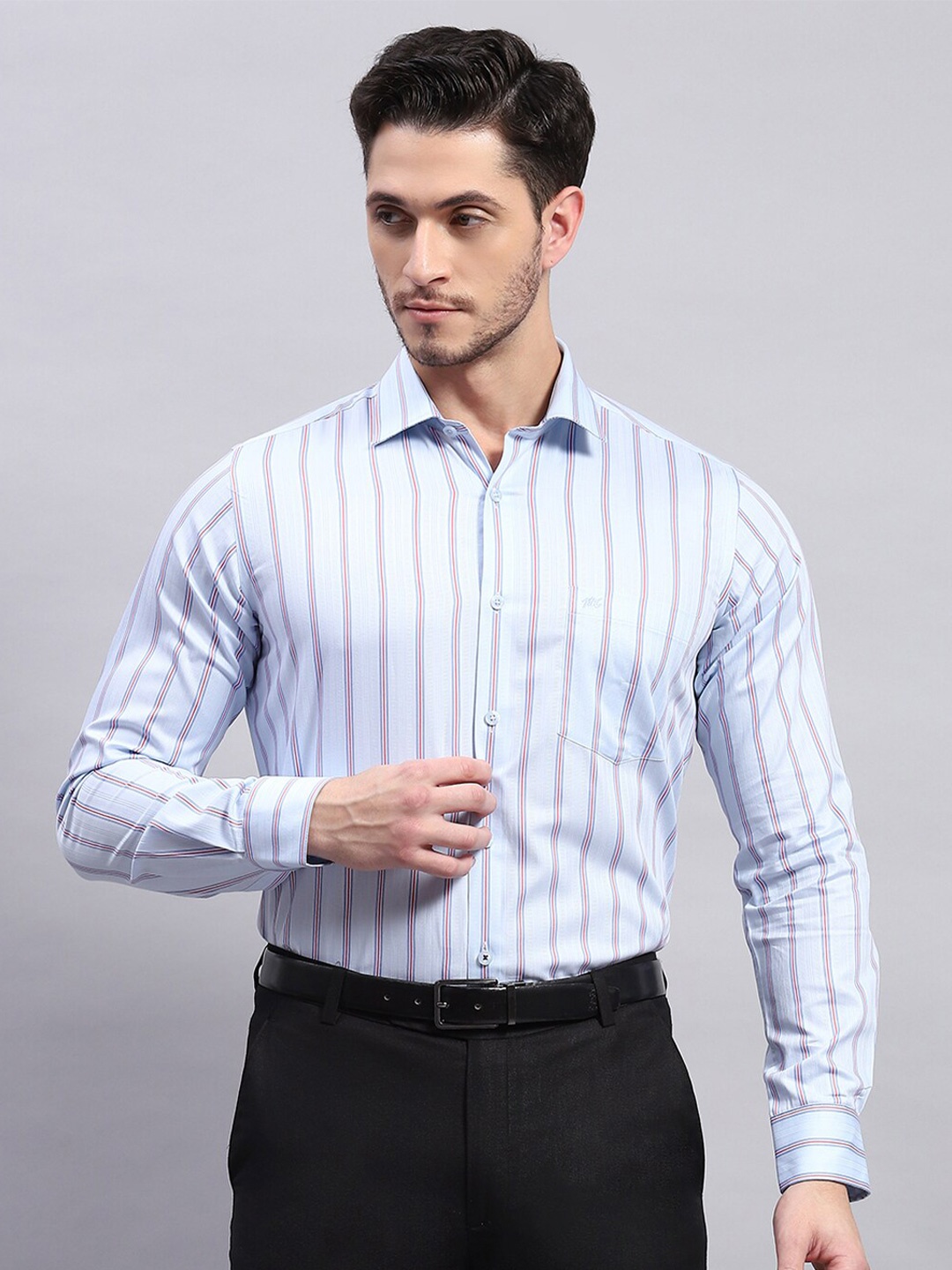 

Monte Carlo Men Sheer Striped Casual Shirt, Turquoise blue