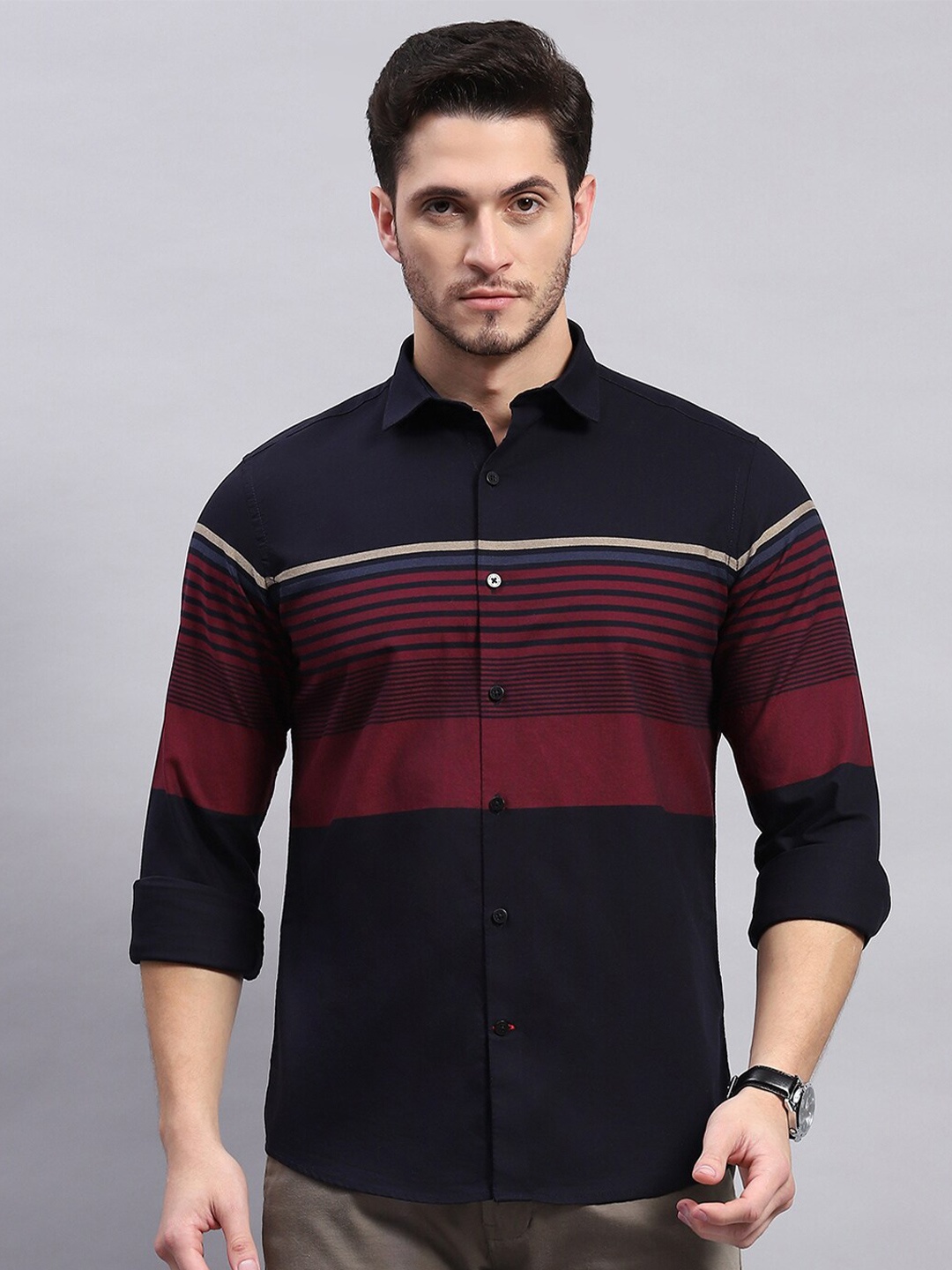 

Monte Carlo Men Horizontal Stripes Sheer Striped Casual Shirt, Navy blue