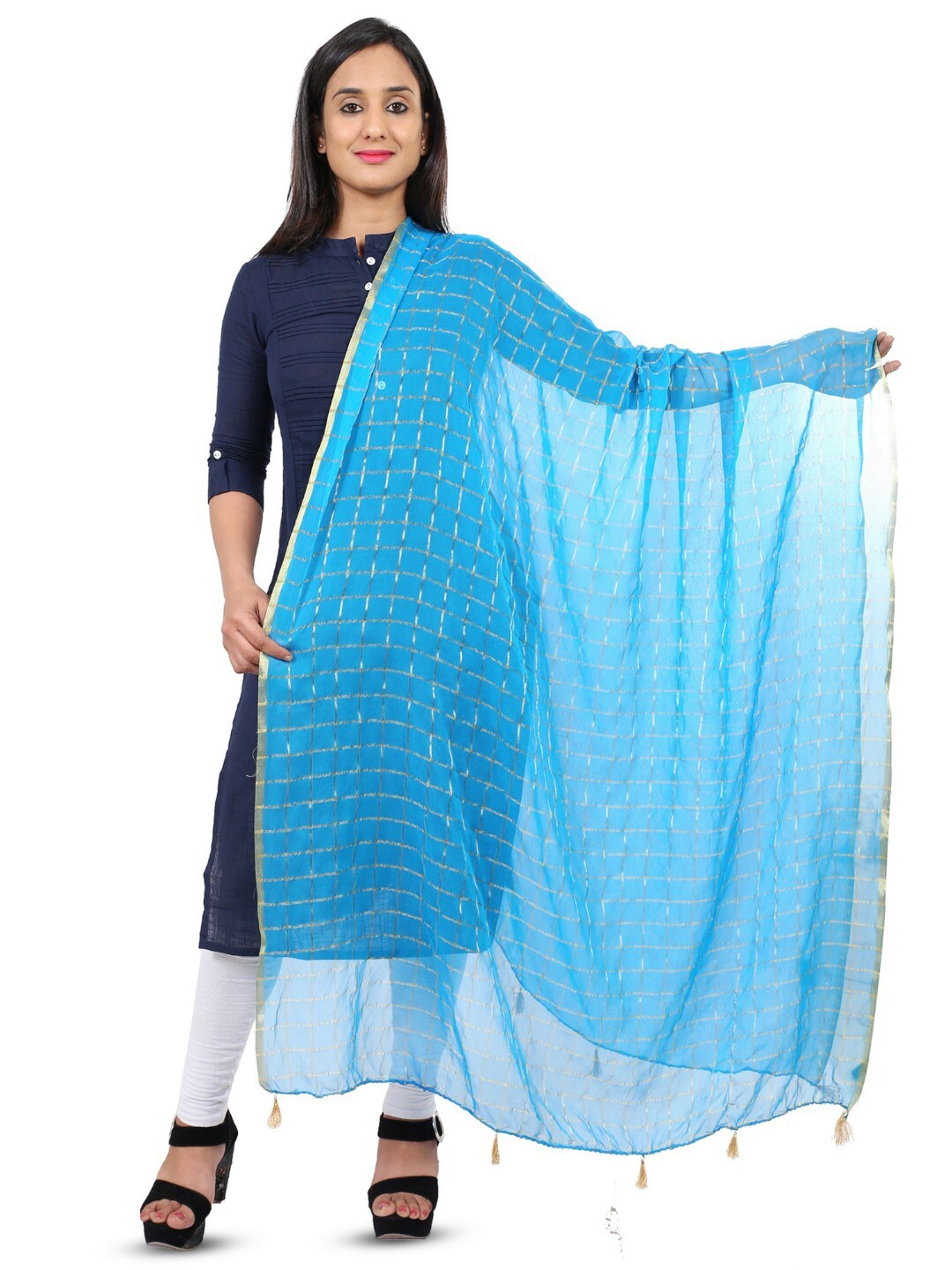 

Alakh Creation Checked Zari Detailed Chiffon Dupatta, Turquoise blue