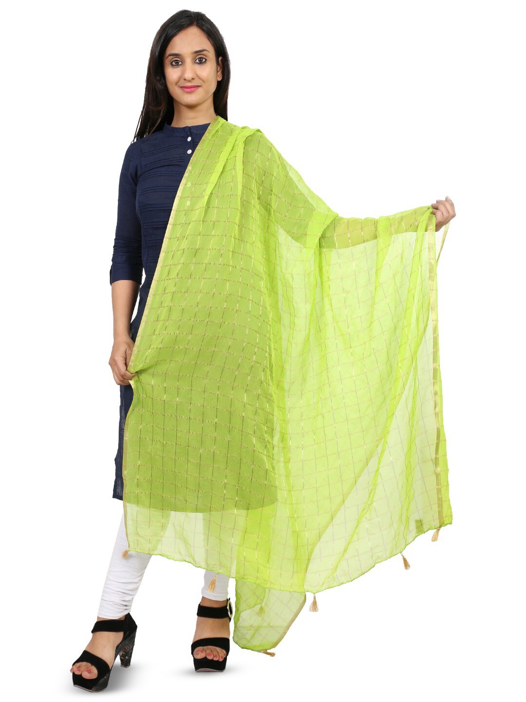 

Alakh Creation Checked Zari Detailed Chiffon Dupatta, Lime green