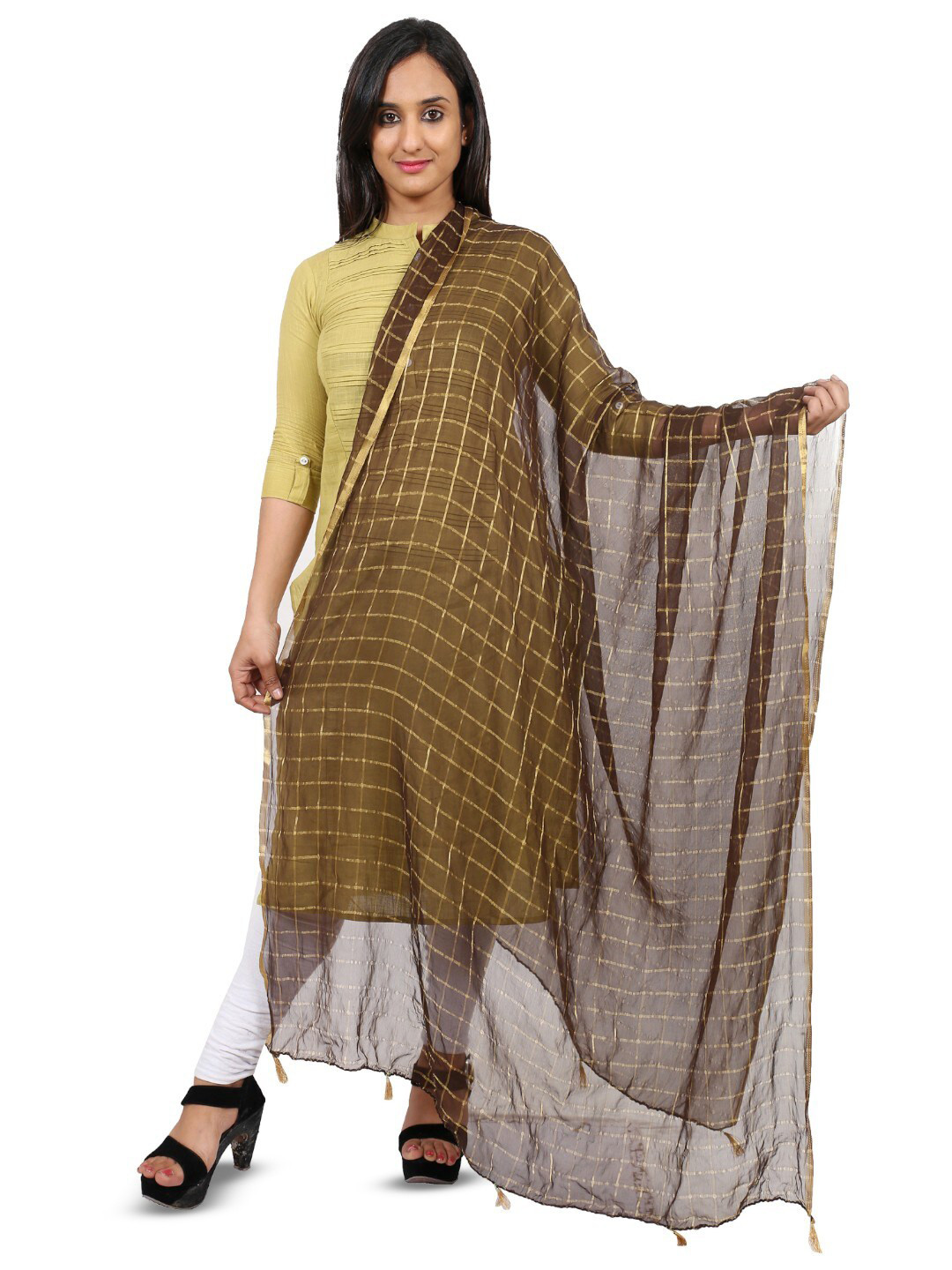 

Alakh Creation Checked Zari Detailed Chiffon Dupatta, Coffee brown