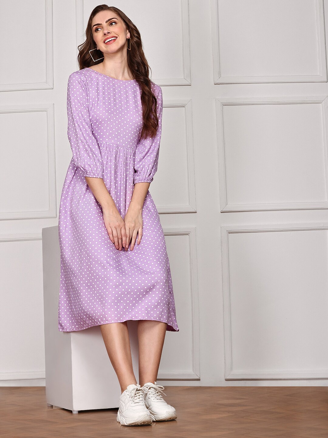 

Anubhutee Polka Dots Print A-Line Midi Dress, Lavender