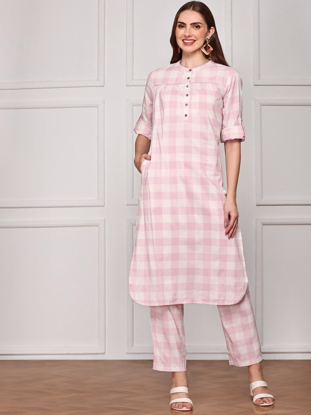 

Anubhutee Checked Pure Cotton Mandarin Collar-Neck Tunic & Flared Trouser, Pink