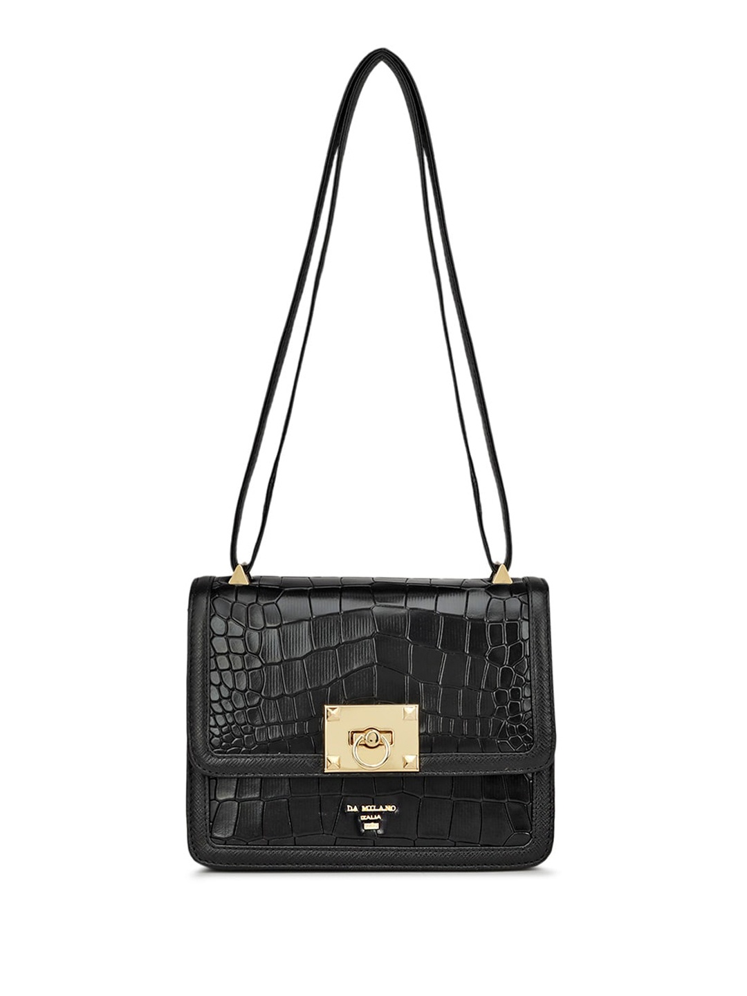 

Da Milano Textured Leather Structured Sling Bag with Quilted, Black