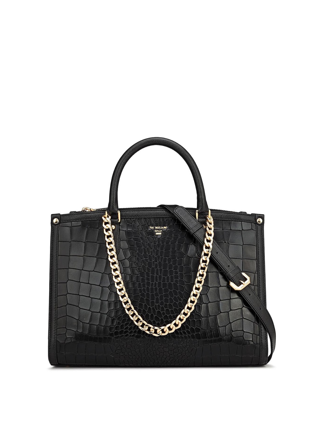 

Da Milano Animal Textured Leather Structured Handheld Bag with Quilted, Black