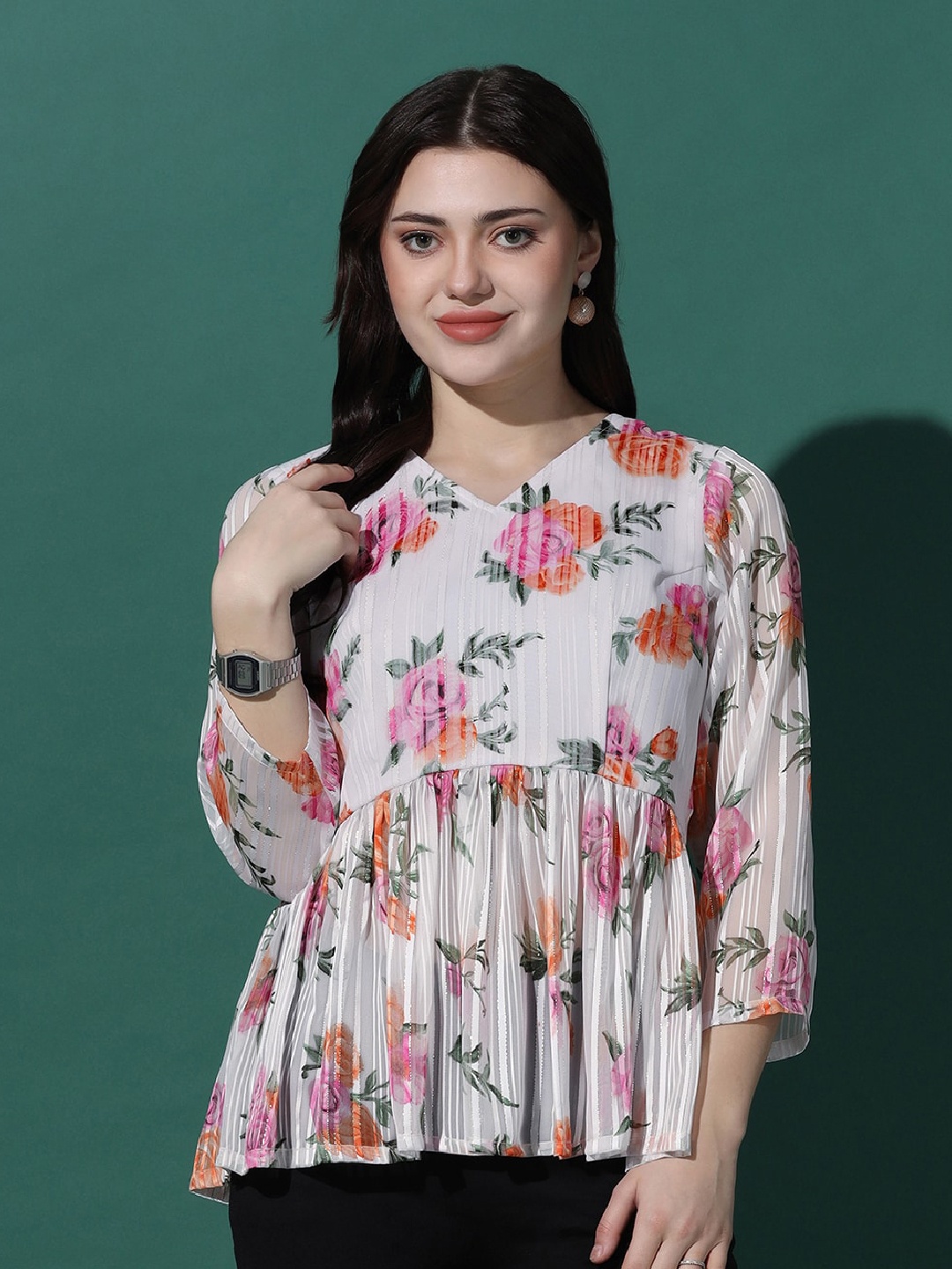 

FASHION DREAM Floral Print Georgette Top, White