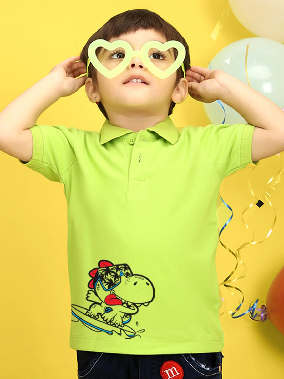 

NUSYL Kids Typography Printed Polo Collar Applique T-shirt, Green