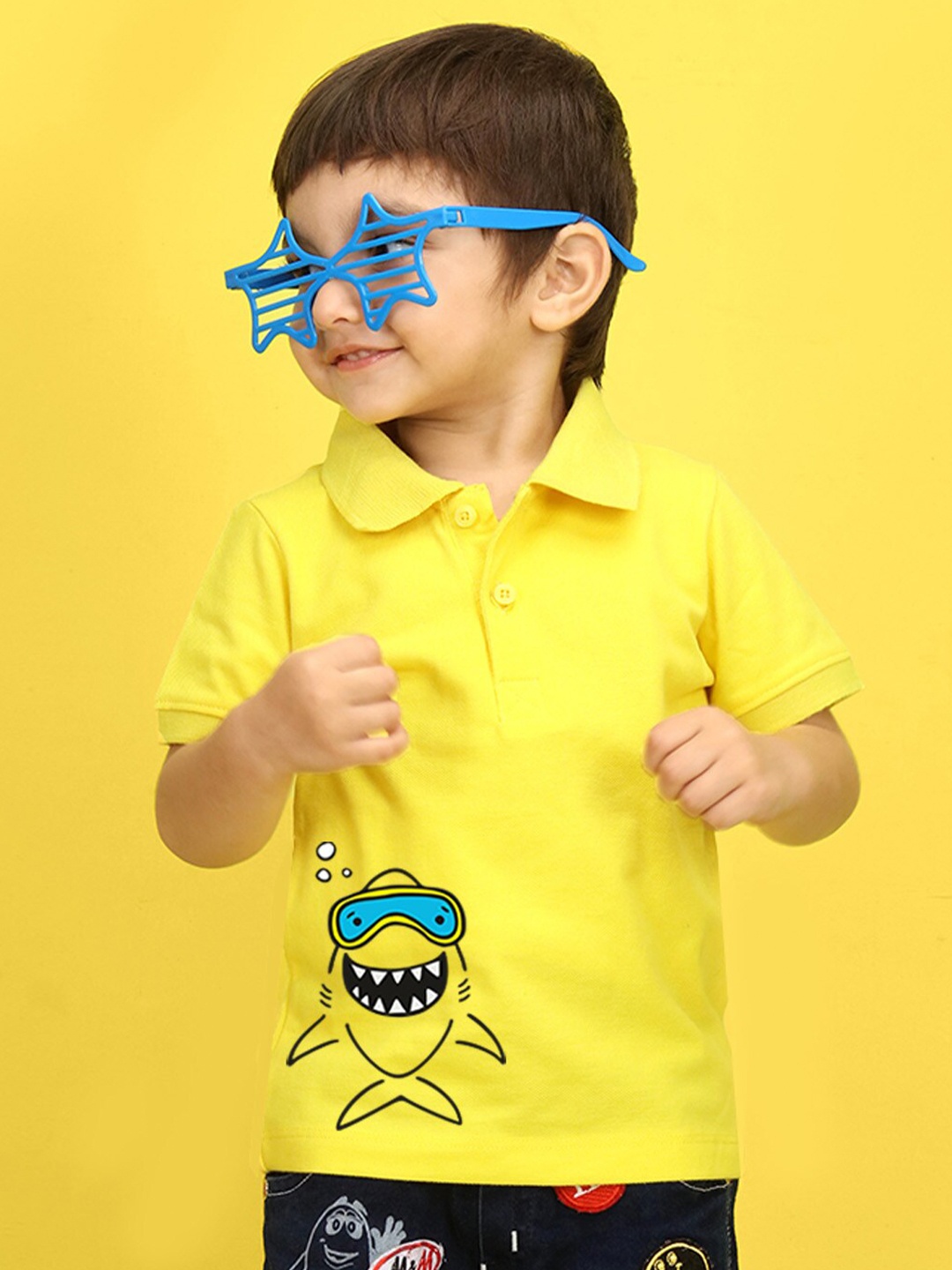 

NUSYL Kids Printed Polo Collar Applique T-shirt, Yellow