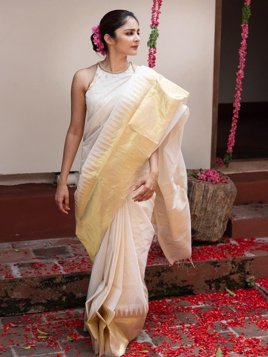 

Flosive Zari Art Silk Banarasi Saree, White