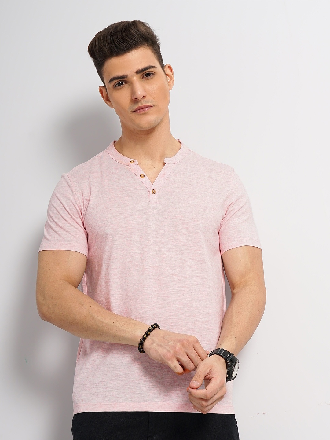 

Celio Men Striped Henley Neck Pockets T-shirt, Pink