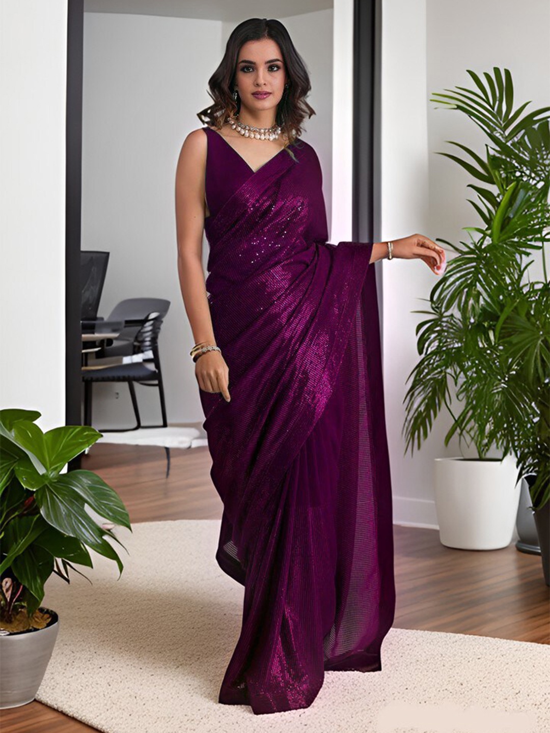 

MADHUR HAND WORK ART Sequinned Embellished Saree, Purple