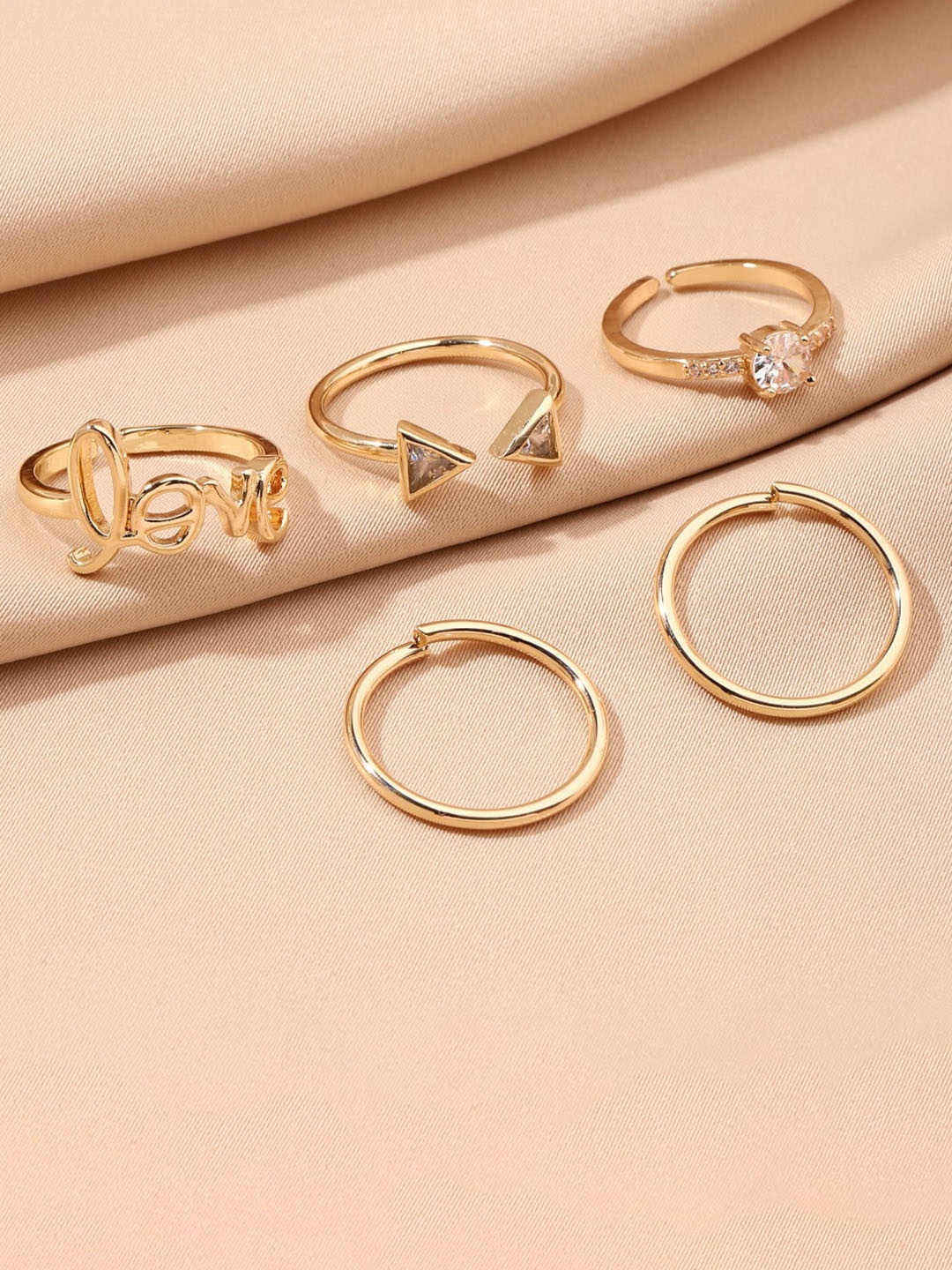 

SALTY Set Of 5 Stone Studded Love Detail Alexa Finger Rings, Gold