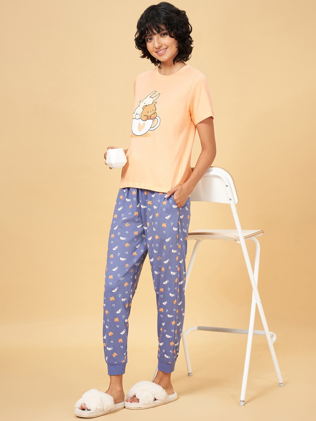 

YU by Graphic Printed Round Neck Top & Pyjama, Orange