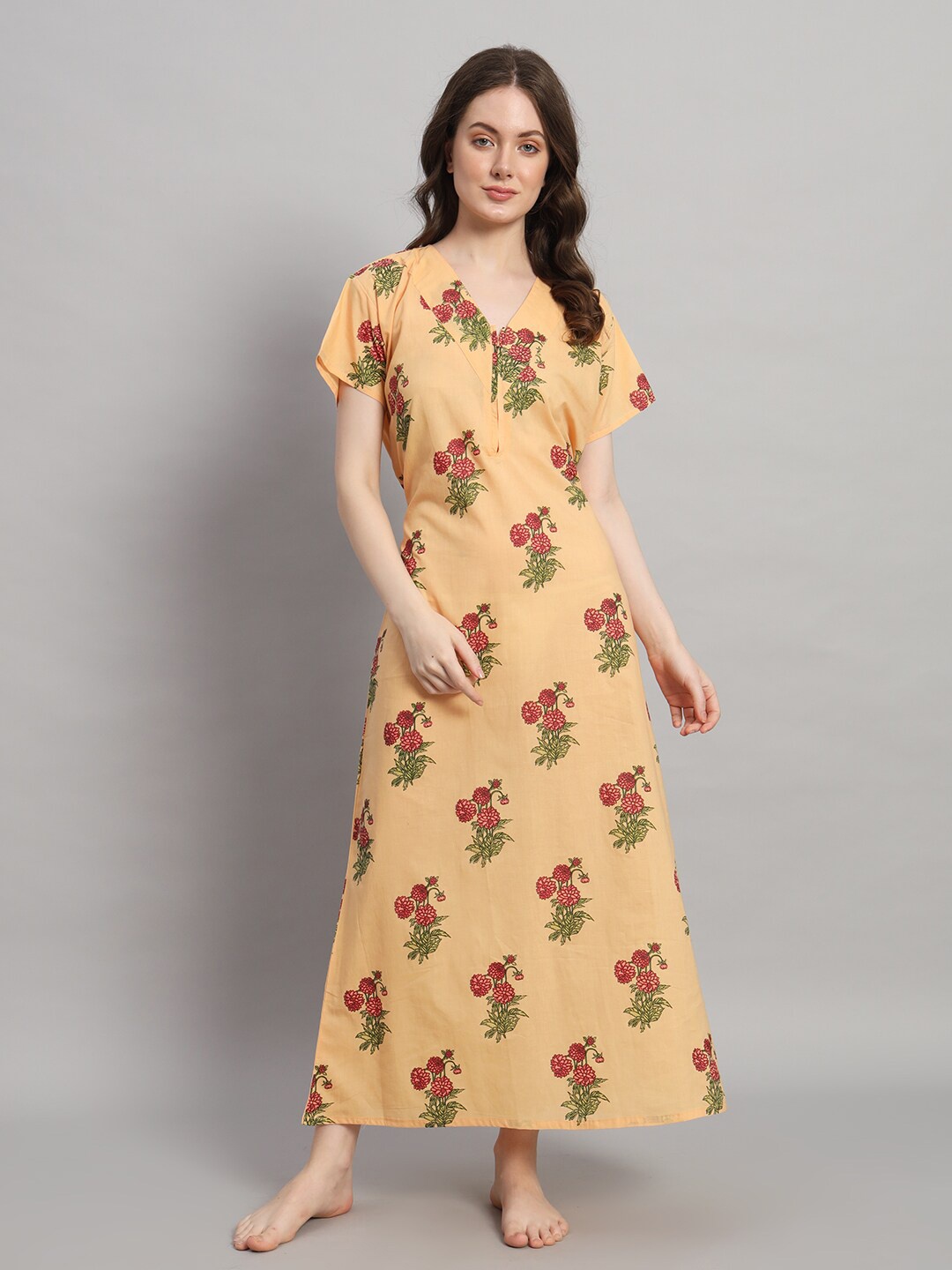 

HANDICRAFT PALACE Floral Printed Pure Cotton Maxi Nightdress, Orange