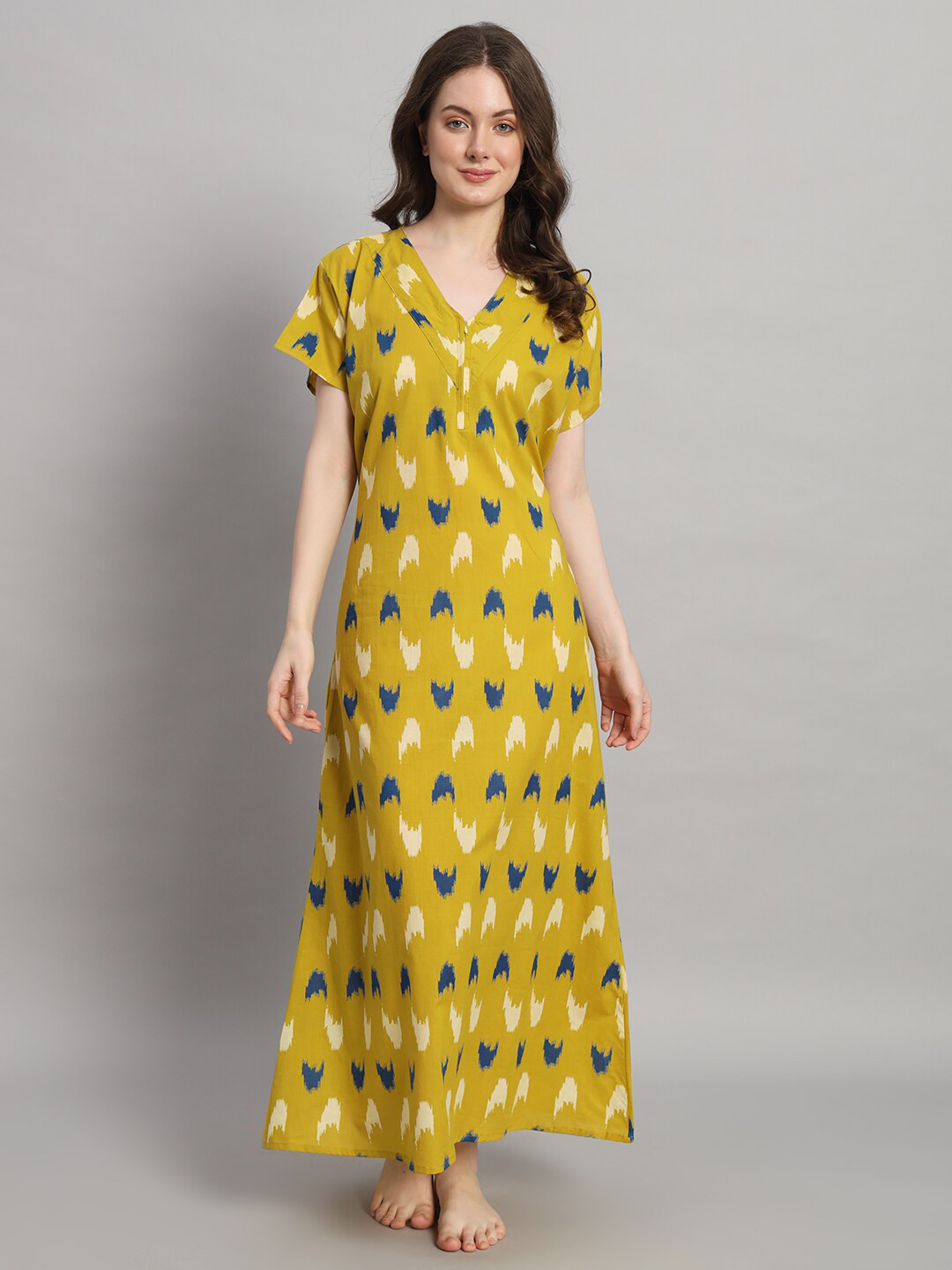 

HANDICRAFT PALACE Ethnic Motifs Printed V-Neck Pure Cotton Maxi Nightdress, Yellow