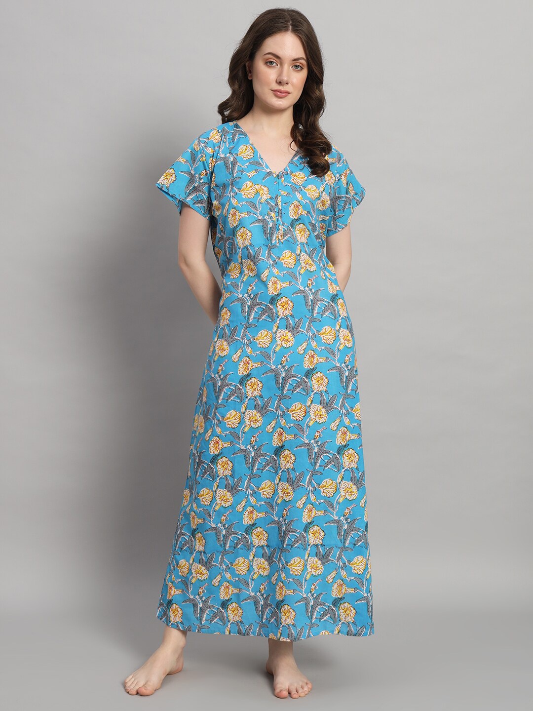 

HANDICRAFT PALACE Floral Printed Pure Cotton Maxi Nightdress, Turquoise blue