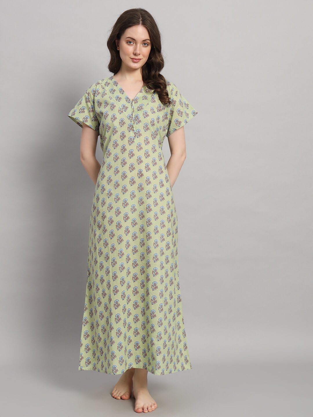 

HANDICRAFT PALACE Floral Printed Pure Cotton Maxi Nightdress, Olive