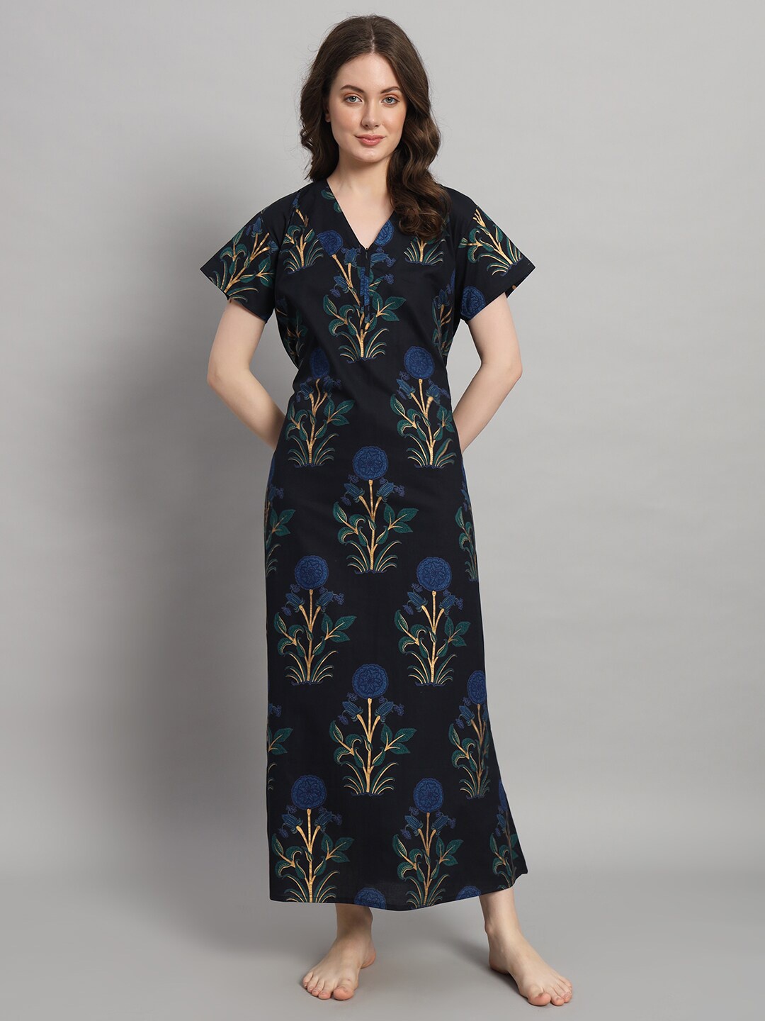 

HANDICRAFT PALACE Floral Printed Pure Cotton Maxi Nightdress, Navy blue