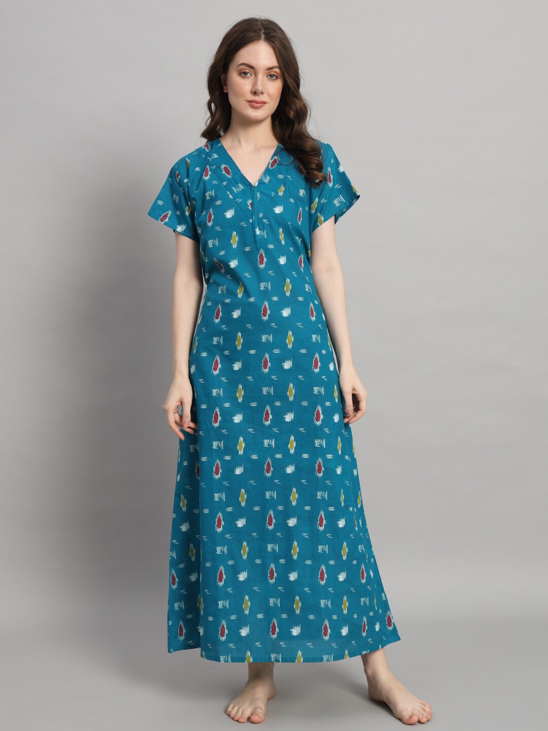 

HANDICRAFT PALACE Floral Printed Pure Cotton Maxi Nightdress, Turquoise blue