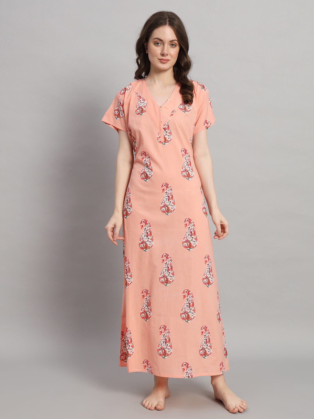 

HANDICRAFT PALACE Ethnic Motifs Printed V-Neck Pure Cotton Maxi Nightdress, Peach